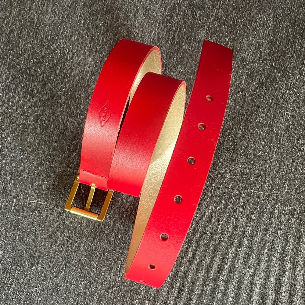 Fossil Red Leather Belt with Gold Buckle